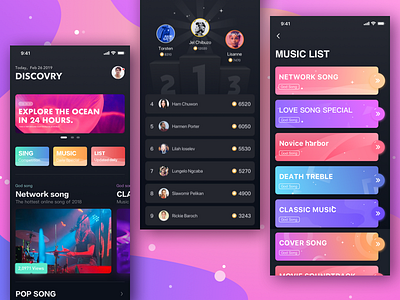 Music entertainment app artist card design game ios 12 iphone x magazine mobile mode music night ui