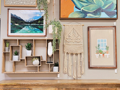 Boho maximalist wall decor boho design eclectic floating shelves furniture retail home decor houseplants interiors landscapes macrame maximalist modern multimedia natural materials southwestern succulents visual merchandising visual styling