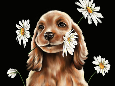 Spaniel and daisies digital art digital artist digital illustration digital portrait dog dog portrait graphic design illustration pet portrait portrait puppy puppy dog