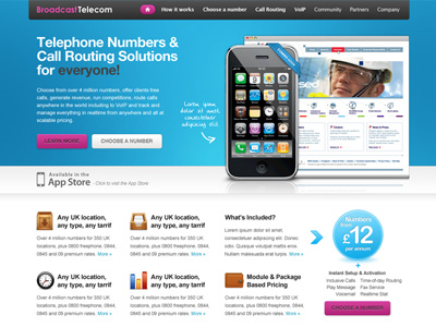 Telecoms Website Redesign blue communications iphone telecom website white