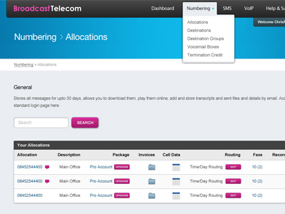 BT Admin Page admin button dropdown table