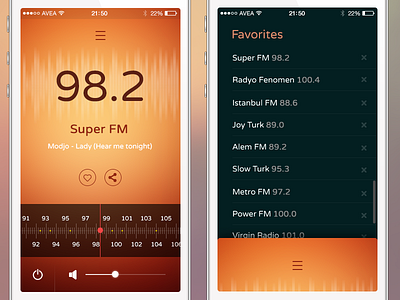 Mobile FM Radio favorite fm list menu mobile music player radio share sound tuner ui