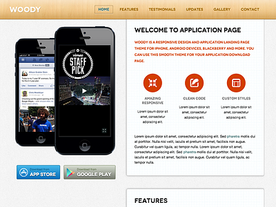 Woody app app store application design ipad landing nokia page responsive samsung template themeforest wood