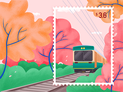 The train for spring color illustration stamp ui