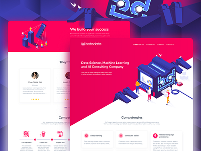 Landing for AI oriented company blue botodata branding data science design illustration landing logo machine learning mascot red robot ui web white