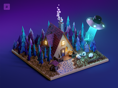 Sheep happens 3d forest house illustration isometric night sheep ufo wolf