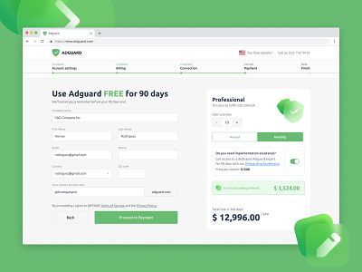 Payment Screen for Adguard (concept) app checkout concept forms green payment stepper ux website