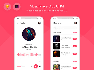 Freebie - Music Player App UI Kit app free freebie ios iphone x mockup music player sketch ui ui kit ux xd