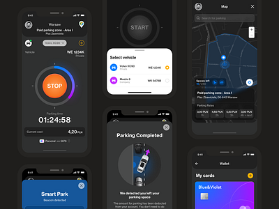 Mobile Parking & Payment app beacons car cards city dark theme dark ui design interface iot mobile mobile app mobile ui parking app payment product design smart city ui ui ux ux