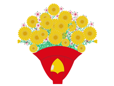 Bouquet of yellow daisies in a fireman's helmet