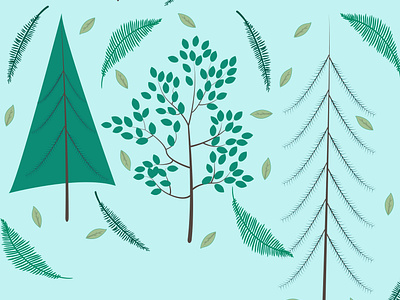 Firs , trees and ferns in the forest pattern graphic design illustration бесшовный ветки деревья лес листья папоротник паттерн фон ёлки