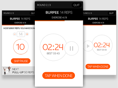 Daily UI, Week One, Day 6 - Sport App black exercise orange pause sport timer ui