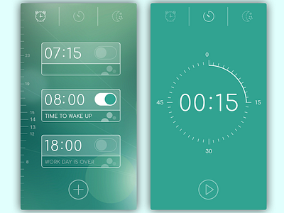 Daily UI, Week Three, Day 2 - Alarm List and Timer alarm bokeh clock green icons light line mint sleep time timer