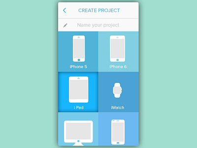 Daily UI, Week Three, Day 7 - Type Project Select blue create devices frame green light material mint pastel project square type