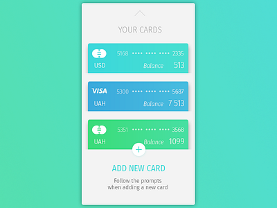 Daily UI, Week Four, Day 4 add balance blue card green mint storage