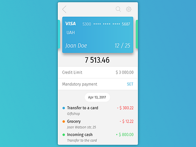 Daily UI, Week Four, Day 5 - Credit Card Details balance blue card cash credit history incoming limit mint money storage transaction