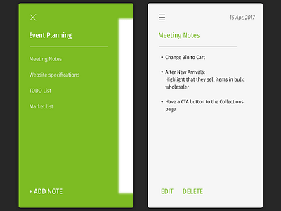 Daily UI, Week Four, Day 7 - Notes bright green menu notes white