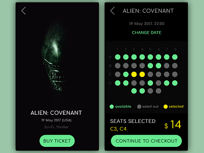 Daily UI, Week Five, Day 2 - Cinema App black checkout cinema green price seats ticket yellow