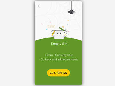 Daily UI, Week Five, Day 7 - Empty Cart bin cart empty green sad shopping spider yellow