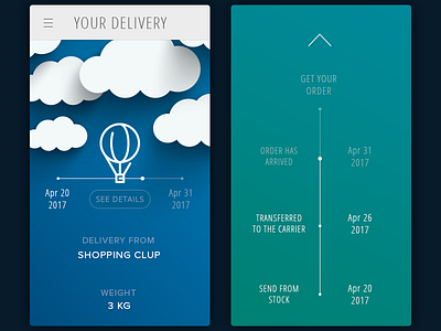 Daily UI, Week Six, Day 4 - Delivery Status blue clouds delivery green order parachute shadow shop status timeline