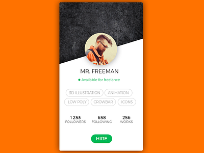 Daily UI, Week Six, Day 7 - Profile Screen black crowbar followers green hire orange profile tags