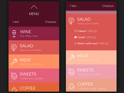 Daily UI, Week Seven, Day 1 coral crimson food menu order pink red terracotta wine