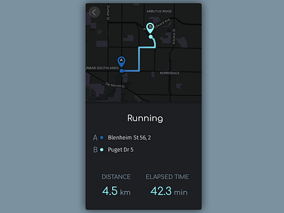 Daily UI, Week Seven, Day 3 - Path on Map azure black blue dark distance pin run time