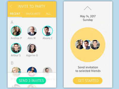 Daily UI, Week Seven, Day 4 - Party Invitation buttons contacts green list portraits select turquoise yellow