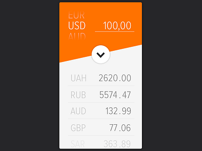 Daily UI, Week Seven, Day 7 - Money Exchanger dark gray equals exchanger mone numbers orange white