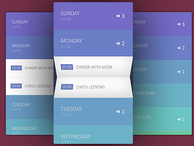 Daily UI, Week Nine, Day 1 - Events List at Calendar blue day events green time violet white