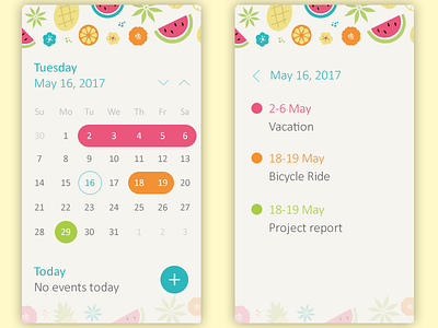 Daily UI, Week Nine, Day 3 - Calendar and Events bright calendar day event fruits light list yellow