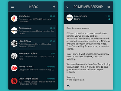 Daily UI, Week Nine, Day 4 - Mail App app blue dark forward inbox letters mail message reply star