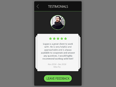 Daily UI, Week Nine, Day 5 - Testimonials black dark green portrait star testimonials ui