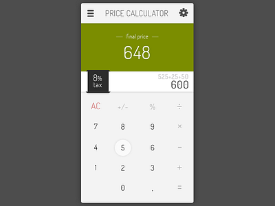 Daily UI, Week Ten, Day 5 - Price Calculator with Taxes calculator count gray green numbers price tax