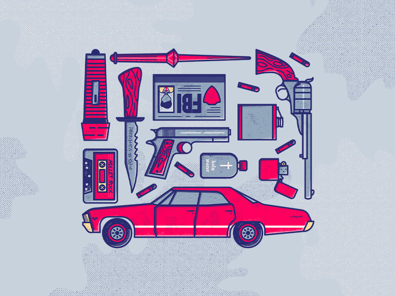 ILLUSTRATION | Supernatural tv show flashlight colt castiel chevy impala winchester supernatural icon line illustration