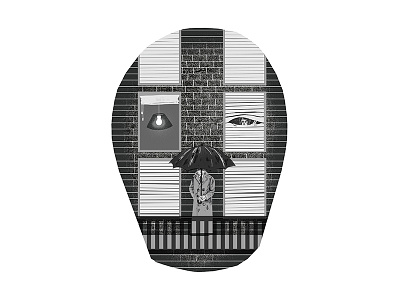 Blind eye black and white detective illustration noir skull