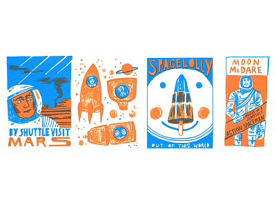 Space Travel Postcards astronaut cosmonaut ice lolly illustration mars nasa printmaking rocket screenprint shuttle space space travel