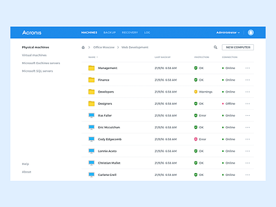 UI concept for a backup management tool