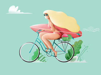 Want to go for a ride? beach bicycle bike girl illustration plants surf watermelon woman