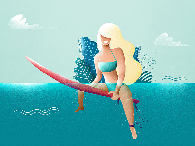 Waiting for the perfect wave blue holidays illustration ocean plants sea summer surf surfboard wave woman