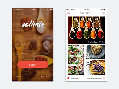 Food ordering app UI - Eathnic app cart date food hamburger location login main order preferences ui ux