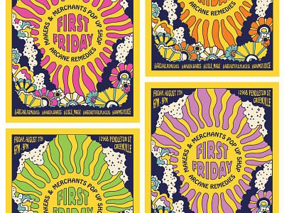 First Friday Poster 60s 70s acid badge dream flowers friday greenville groovy hand illustration logo neon poster psychadelic retro sun typography vintage warp