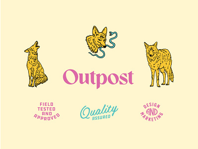 Outpost Brand Identity Set badge brand branding cactus coyote desert greenville hand drawn identity illustration logo modern neon outpost pen and ink typography vintage western wild wolf