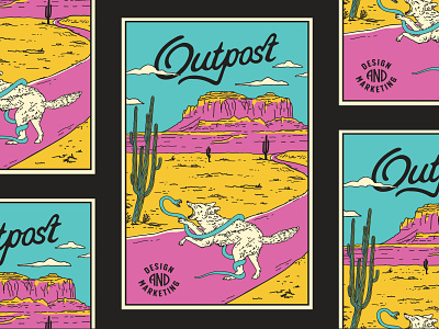 Outpost Poster branding coyote desert design greenville hand drawn identity illustration landscape line art modern outpost poster scene snake typography vibrant vintage west wolf
