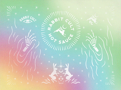Rabbit Cult Hot Sauce badge branding cult fire gradient greenville hand drawn holo hot sauce identity logo occult potion rabbit rainbow stars typography witch