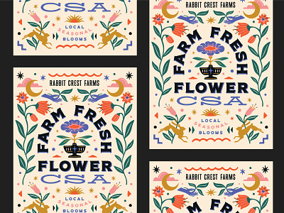 Flower CSA advertisement agriculture bouquet brand branding color block csa farm floral flower flyer hand drawn illustration logo moon pattern poster rabbit sun typography