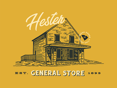 Ye Ole Hester Store america badge bakery brand branding building drawing hand made hotdog icon illustration logo pie southern stamp store typeface typography vintage west