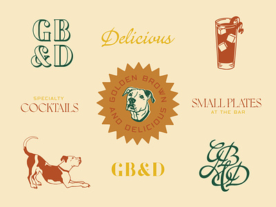 GB&D Branding badge branding cocktail dog greenville hand drawn handmade icon illustration lettering logo modern rebrand restaurant set shapes stamp typography vector vintage