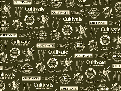 Cultivate Branded Pattern badge brand branding cardinal cultivate design dogwood floral garden hand drawn illustration logo nc pattern plant repeating shop tools typography vintage