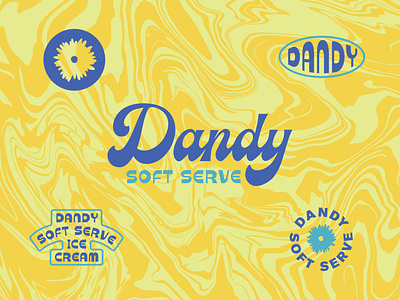 Dandy Branding 70s badge brand branding dandelion dandy floral flower funky ice cream lettering logo marble modern rebrand script soft serve stamp typography vintage